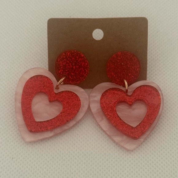 Unbranded Jewelry - Red & Pink Heart Acrylic Earrings – Glitter Layered Drop – NWT